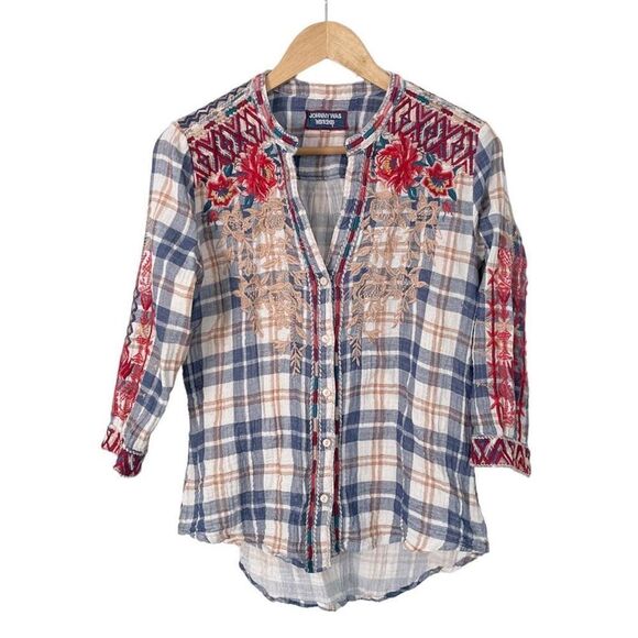 Johnny Was Workshop Plaid Embroidered Button Down Shirt Size Small